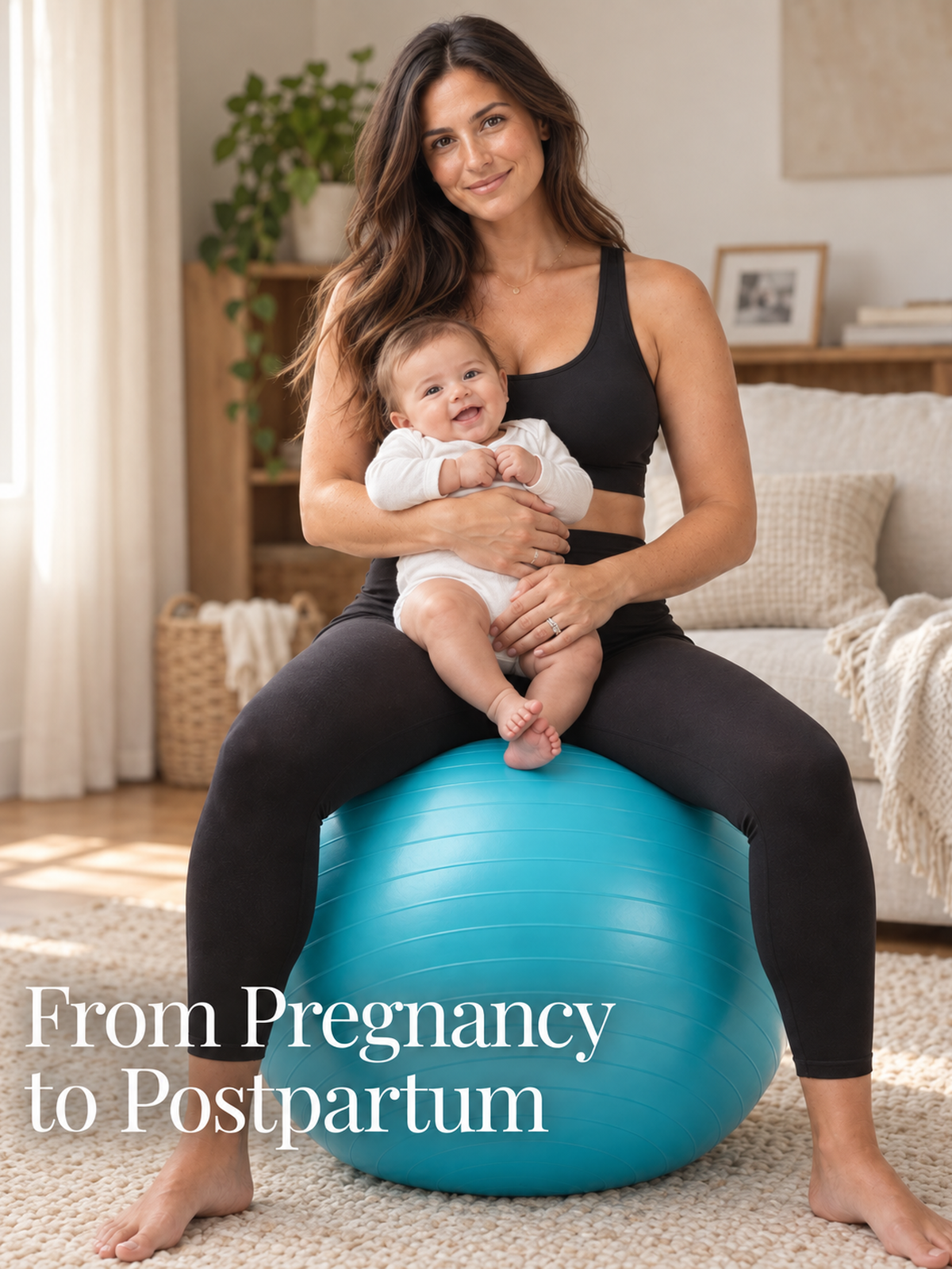 Adult with baby seated on a blue BelleVie BumpFlow exercise ball