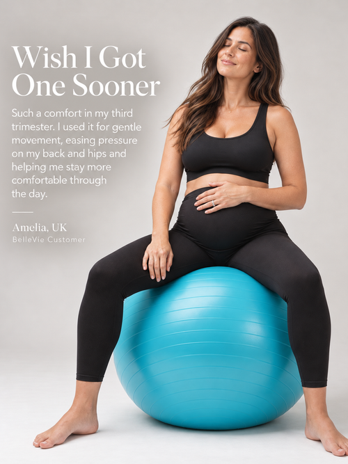 BelleVie BumpFlow exercise ball lifestyle image with customer feedback