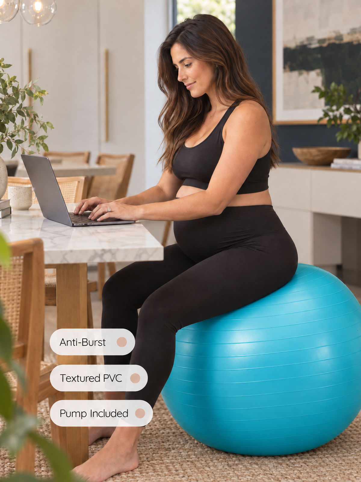 Person seated on a blue BumpFlow exercise ball beside a desk with feature callouts
